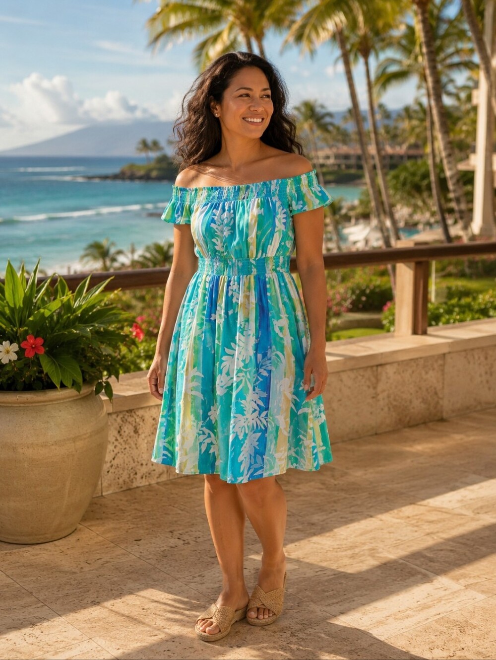 Tori Richard Honolulu Off Shoulder Tropical Print Resort Dress L